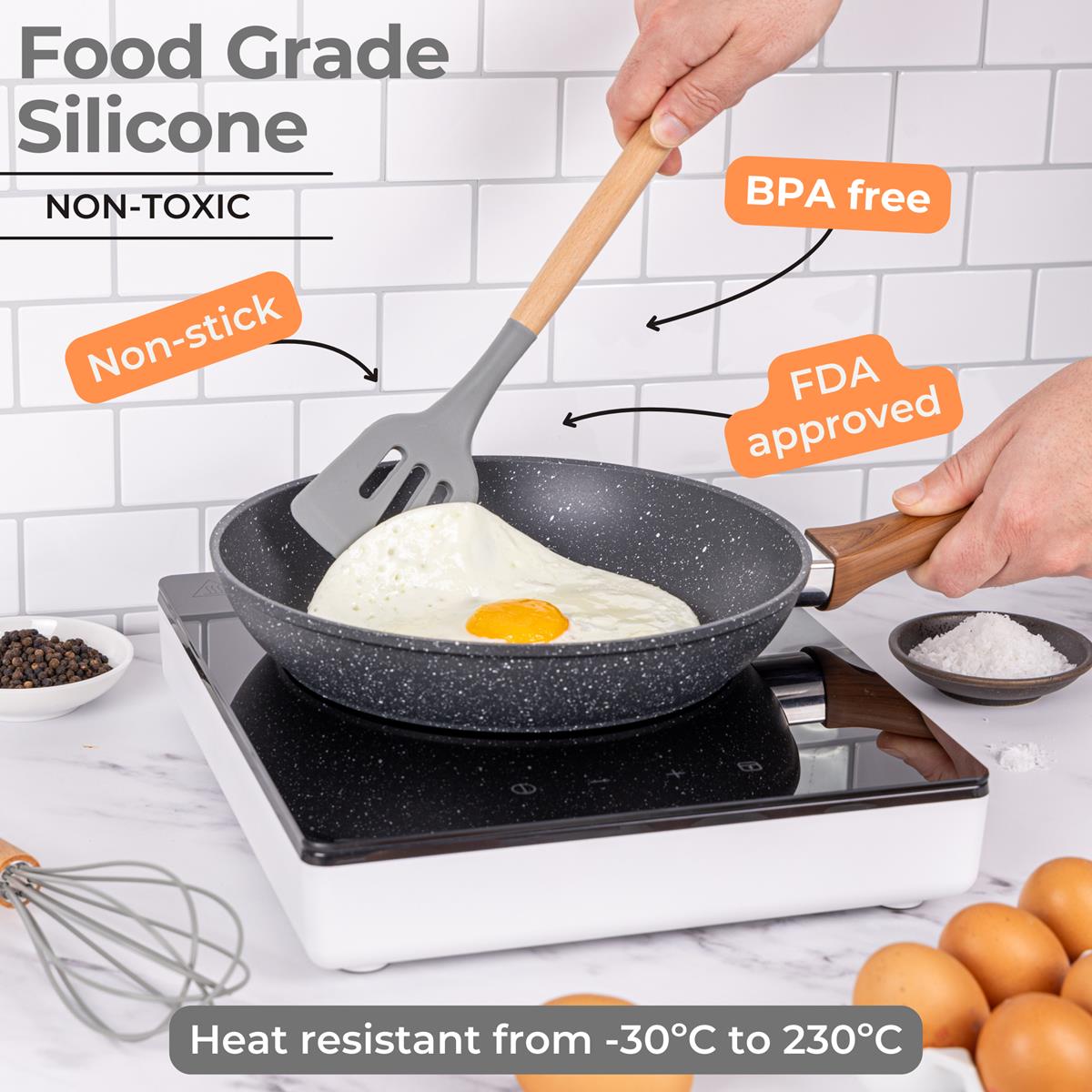 Nuovva grey food grade silicone, non toxic  utensils are non stick, BPA free, FDA approved and heat resistant.