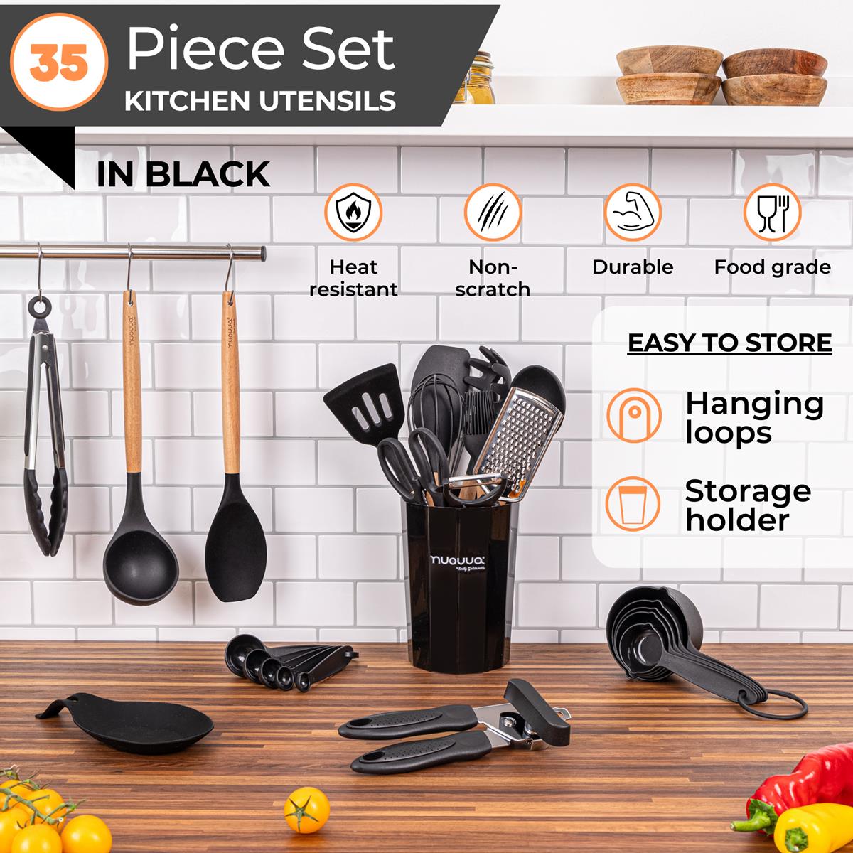 Nuovva 35pcs kitchen utensil set is heat resistant, non scratch and durable with hanging loops and storage holder for easy home storage.