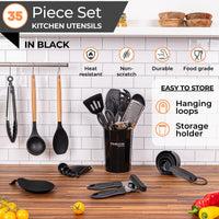 Nuovva 35pcs kitchen utensil set is heat resistant, non scratch and durable with hanging loops and storage holder for easy home storage.