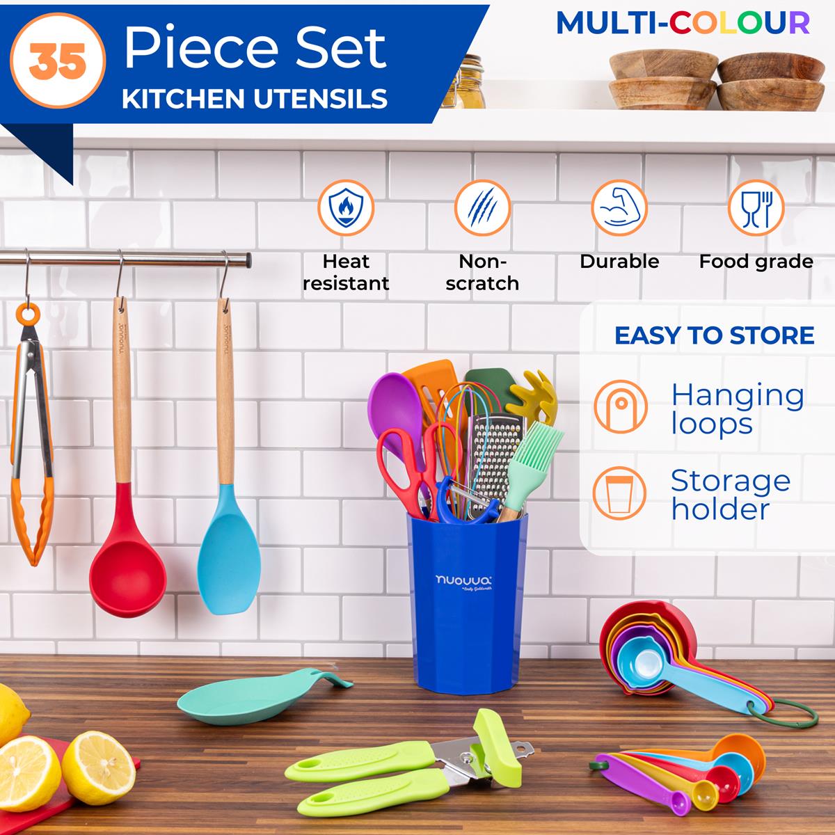 Nuovva 35pcs kitchen utensil set is heat resistant, non-scratch and durable with hangin loops and storage holder for easy organization and storage.