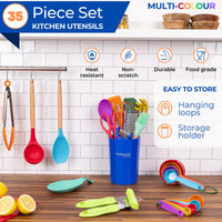 Nuovva 35pcs kitchen utensil set is heat resistant, non-scratch and durable with hangin loops and storage holder for easy organization and storage.