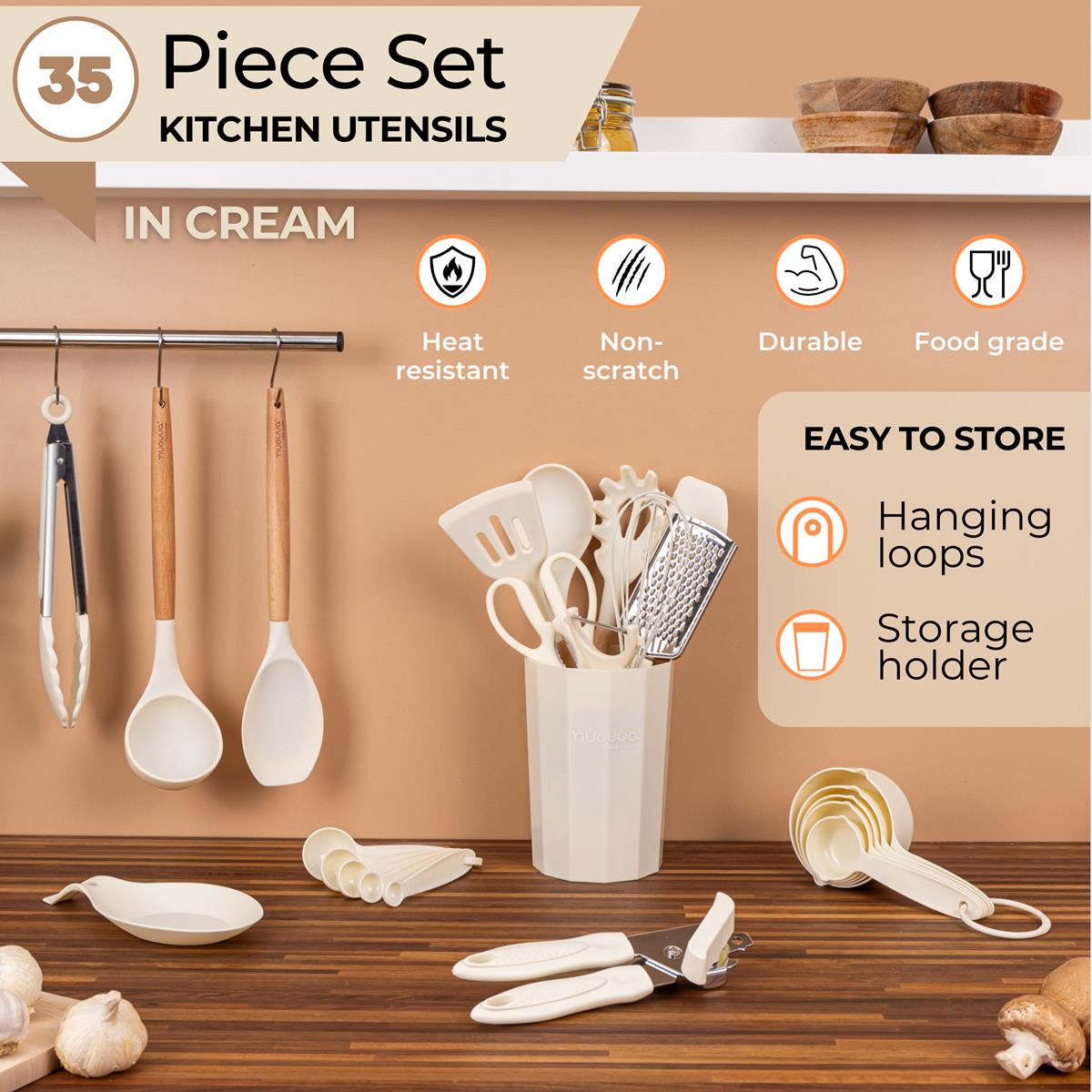 Nuovva 35pcs cream kitchen utensil which are heat resistant, non-scratch and durable with hanging loops and a storage holder for easy organization.