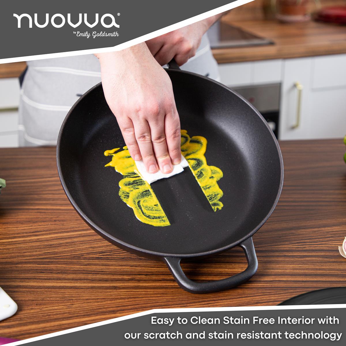 Nuovva black cast iron casserole dish with easy to clean, stain free interior.