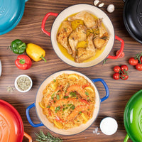 Nuovva colored shallow cast iron casserole dish for healthy efficient cooking.