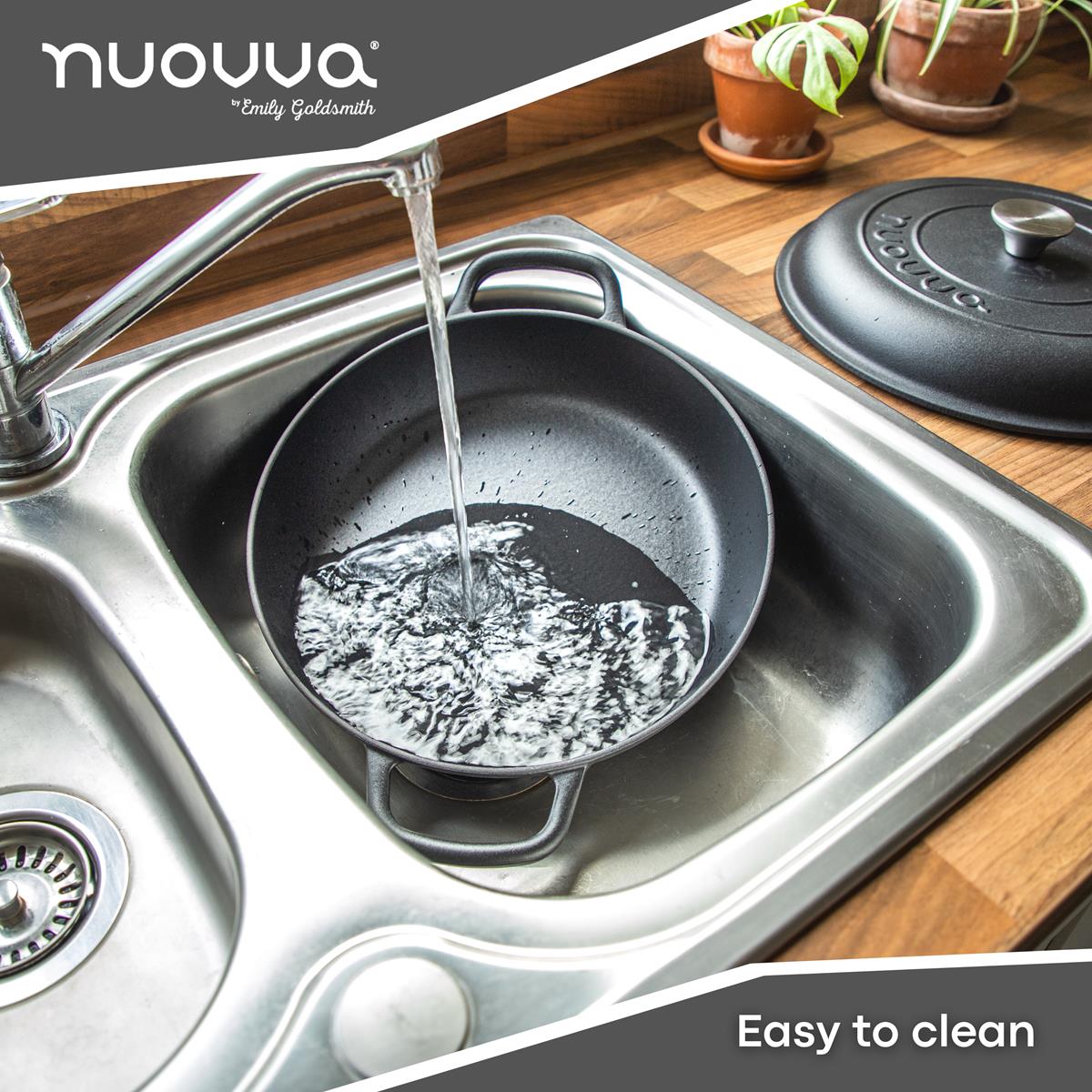 Nuovva black easy to clean cast iron cookware with lid.