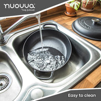 Nuovva black easy to clean cast iron cookware with lid.