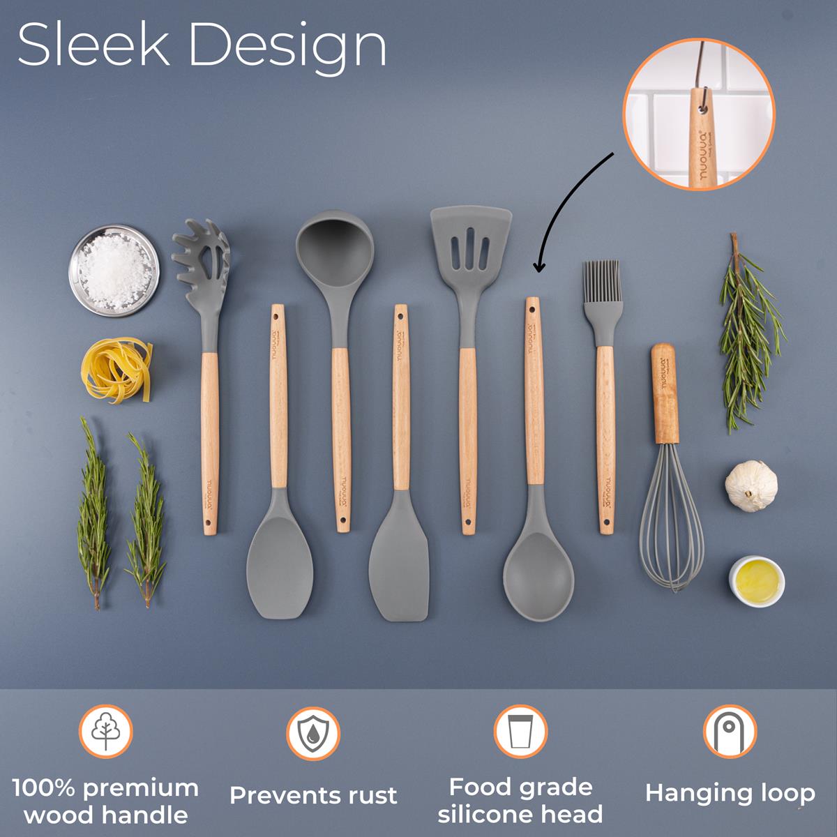 Nuovva grey cooking silicone utensil set features a sleek design with 100% wood handle, food grade silicone head and hanging loop for easy organization.