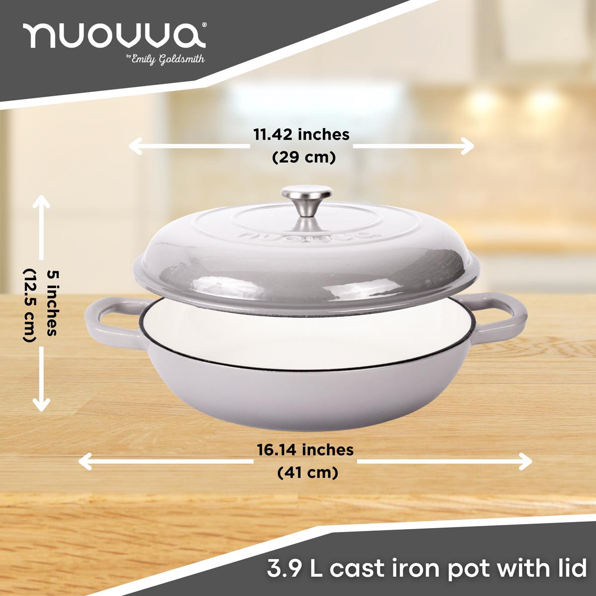 Nuovva light grey 3.9L cast iron pot with lid, casserole dish for healthy cooking.