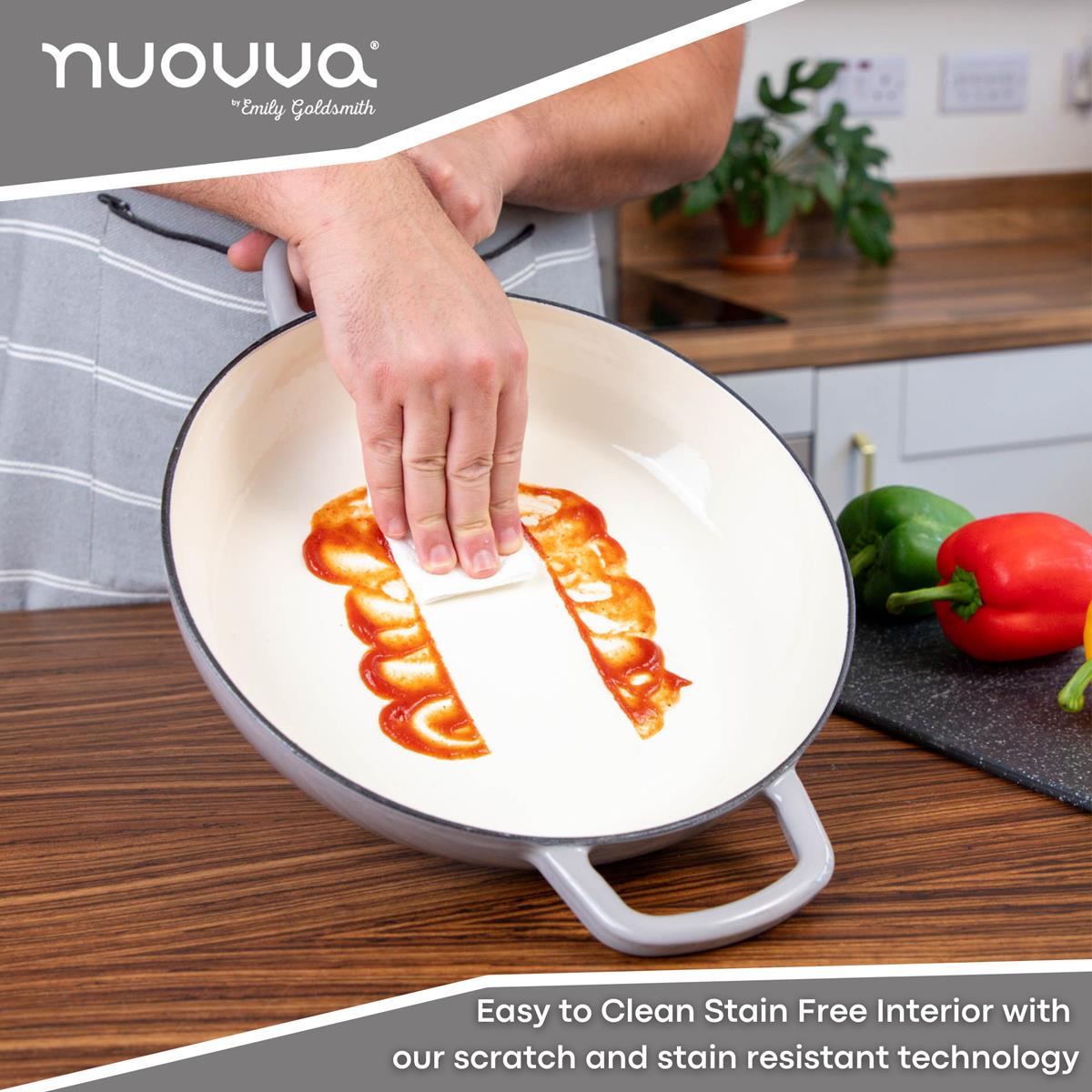 Nuovva light grey cast iron casserole dish with easy to clean, stain free interior for healthy and easy cooking.