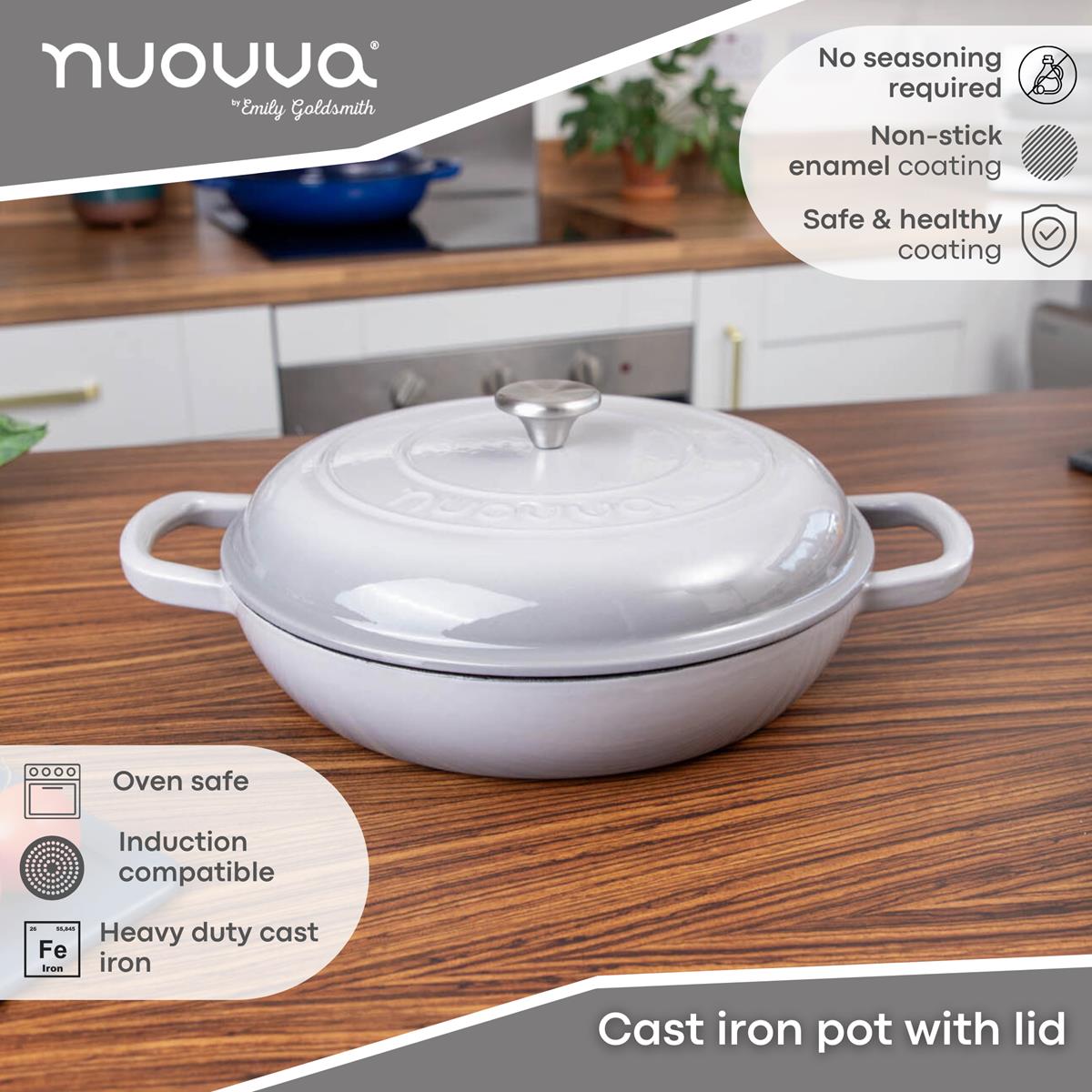 Nuovva light grey cast iron pot with lid, oven safe cookware, induction compatible and enamel coating for non-stick healthy cooking.