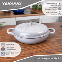 Nuovva light grey cast iron pot with lid, oven safe cookware, induction compatible and enamel coating for non-stick healthy cooking.