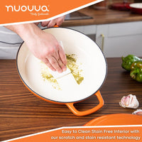 Nuovva cast iron casserole pot with stain free, scratch free interior, for easy cleaning and maintaining.