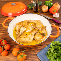 Nuovva orange shallow casserole pot for cooking and stewing efficiently.