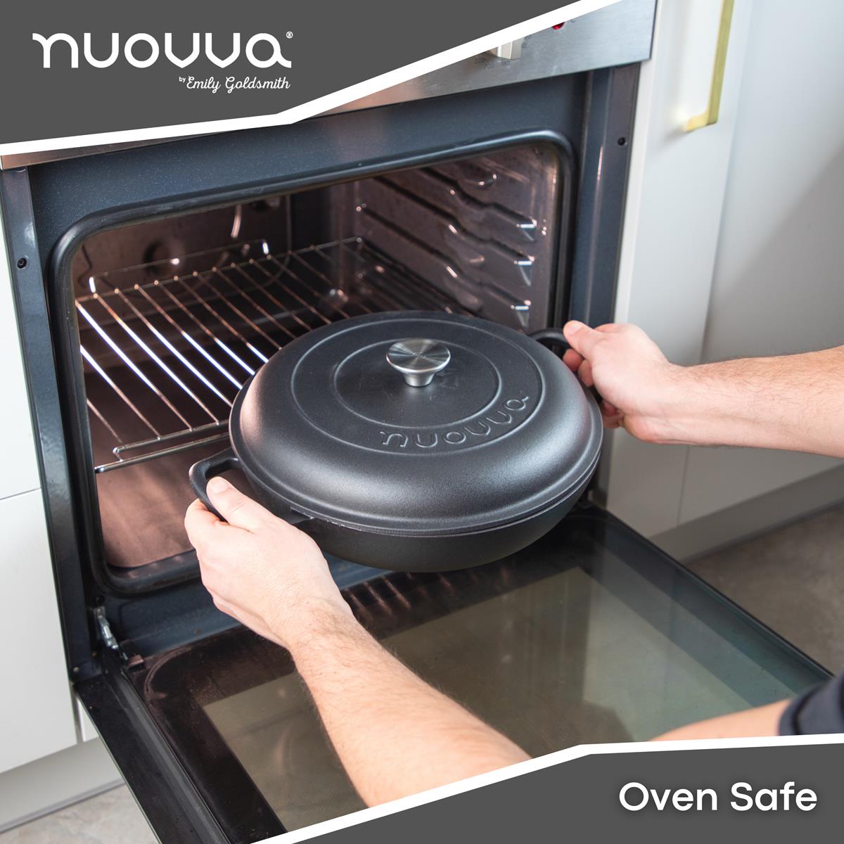 Nuovva black cast iron casserole pot with lid, oven safe cookware for stove to oven cooking.