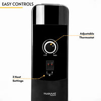 Black portable heater with easy control for adjustable thermostat and 3 heat settings.