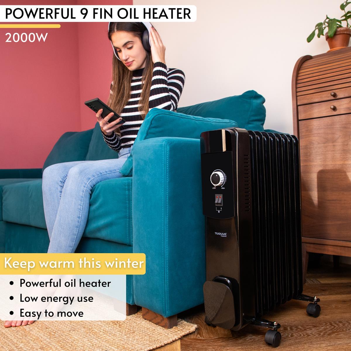 Powerful 9 fin oil heater to keep homes warm with low energy use and wheels for portablility