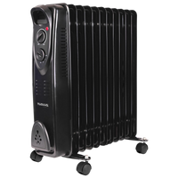 Black oil-filled radiator heater with adjustable thermostat and wheels for portable heating.