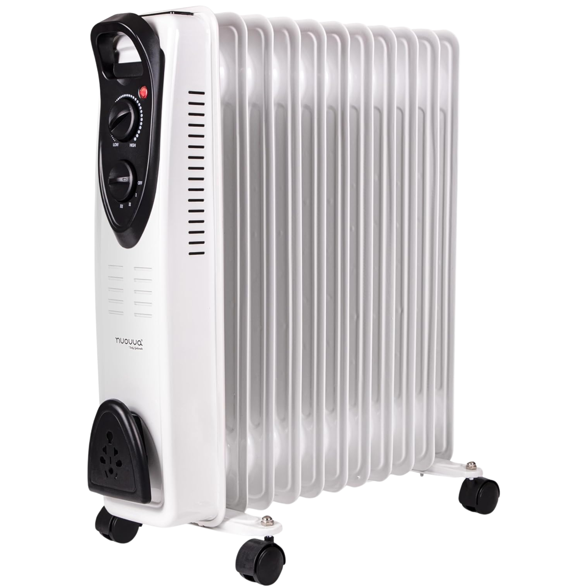 White oil-filled radiator heater with adjustable thermostats