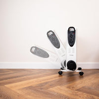 Portable electric heater with wheels and adjustable thermostat with 90 degree oscillation.