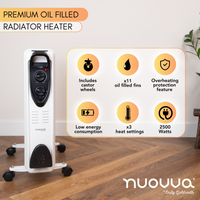 premium oil-filled radiator heater with wheels, low energy heating and overheating protection features.
