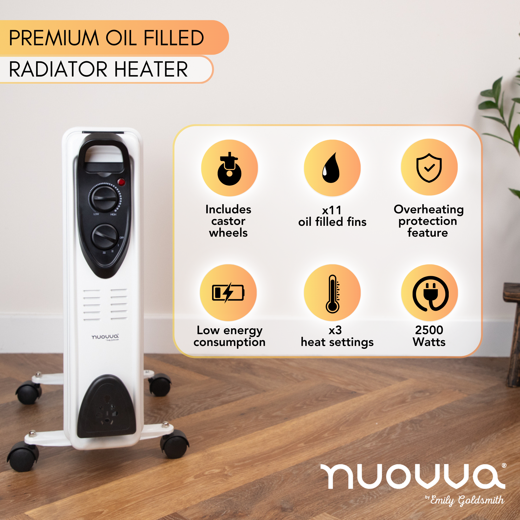 premium oil-filled radiator heater with wheels, low energy heating and overheating protection features.