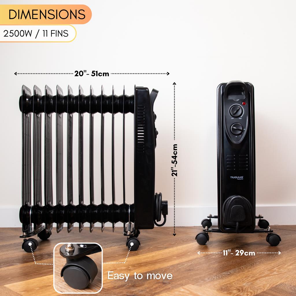 2500w 1 fins electric portable heater with dimensions - 51cm by 54 cm.