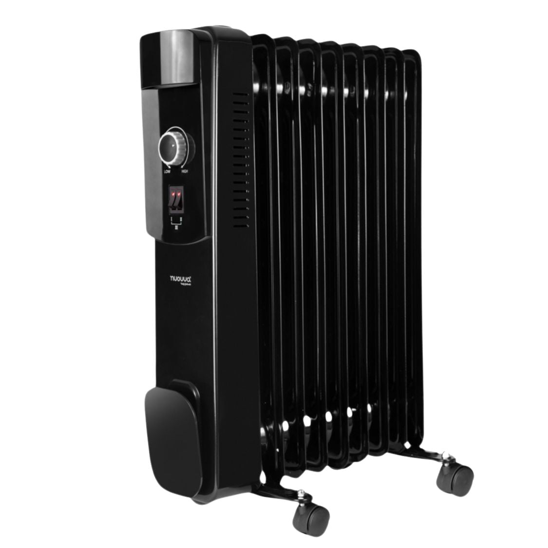 Black oil-filled portable radiator with adjustable thermostat and settings