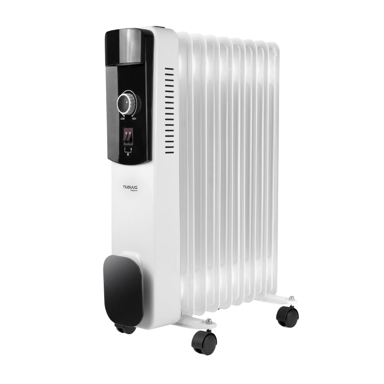 White electric radiator heater with black control panel and adjustable thermostat