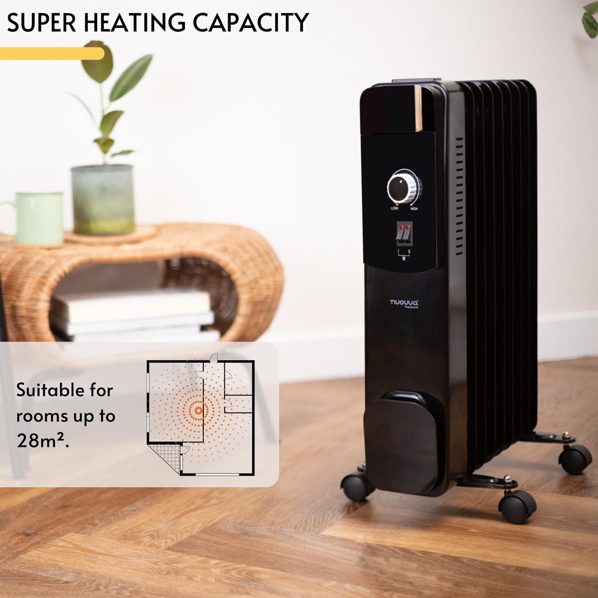 Black radiator heater with wheels and super heating capacity and adjustable thermostat.