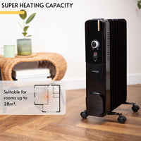 Black radiator heater with wheels and super heating capacity and adjustable thermostat.