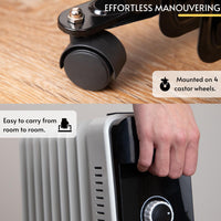 Portable radiator with mounted caster wheels and handles for easy room heating.