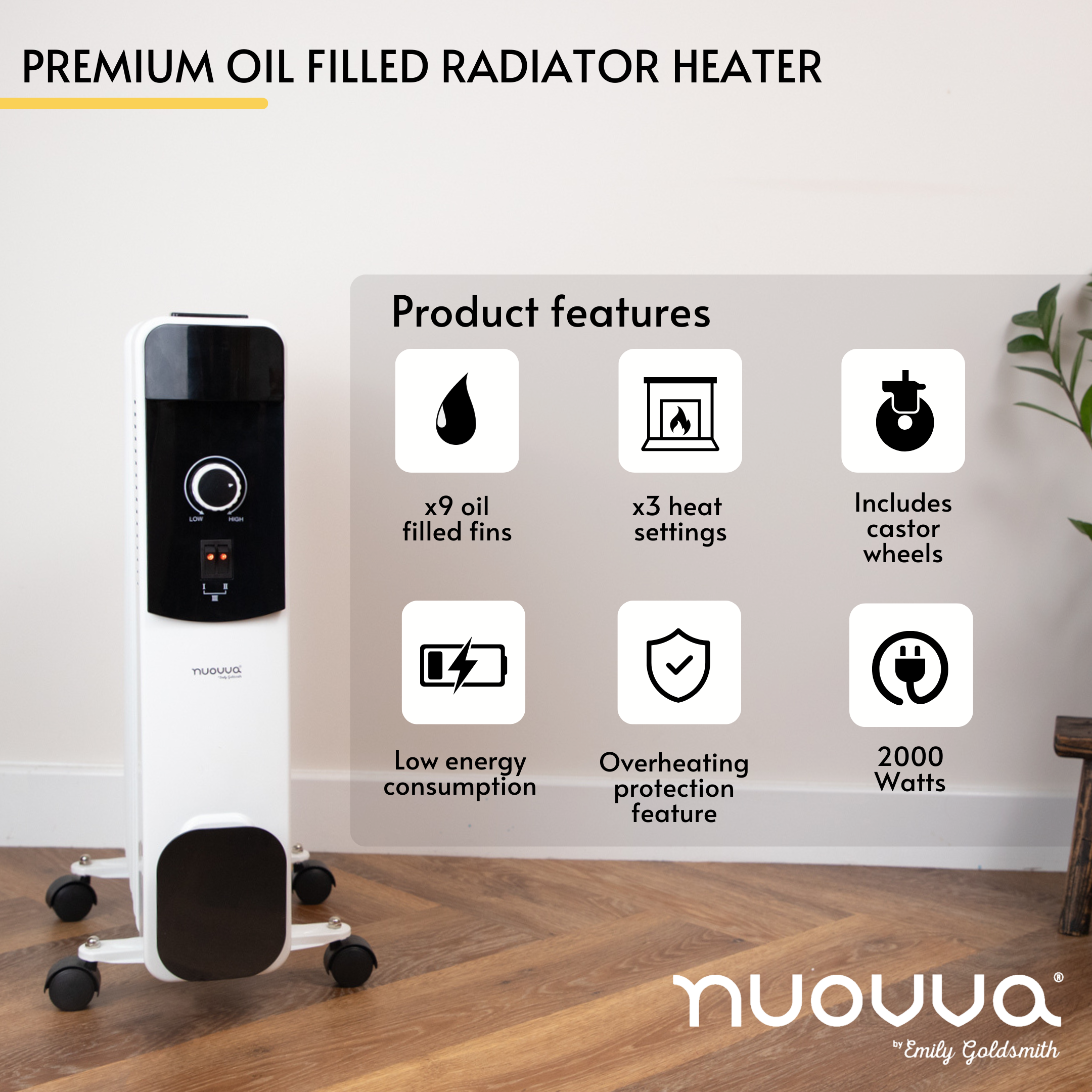 Premium oil-filled radiator heater with x3 heat settings and castor wheels for portable heating.