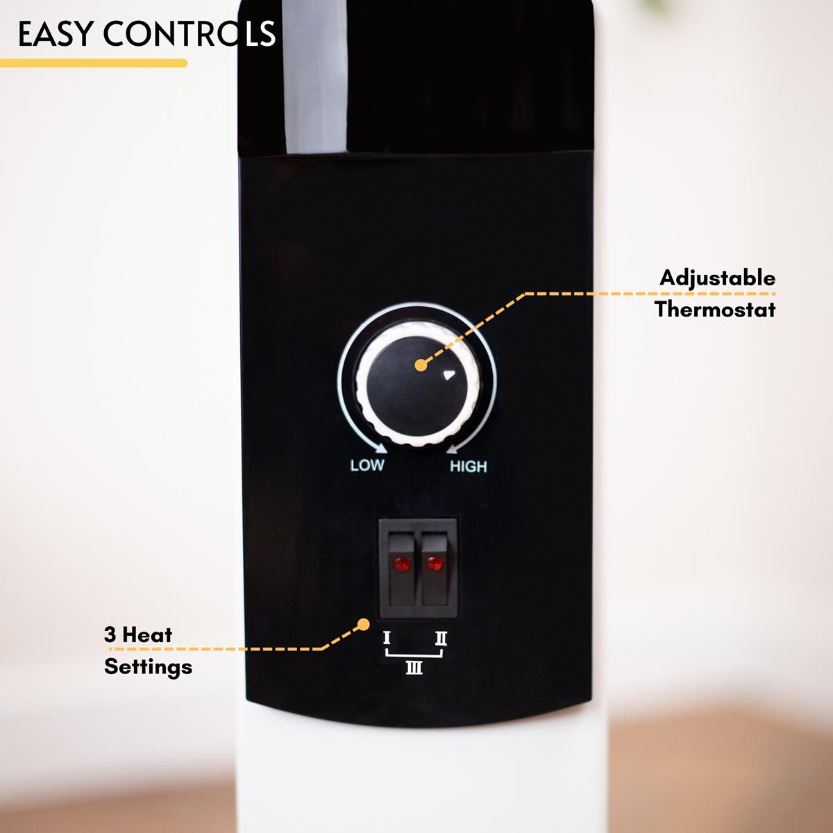 White oil-filled radiator with 3 heat settings and adjustable thermostat for home heating.