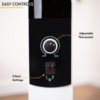 White oil-filled radiator with 3 heat settings and adjustable thermostat for home heating.