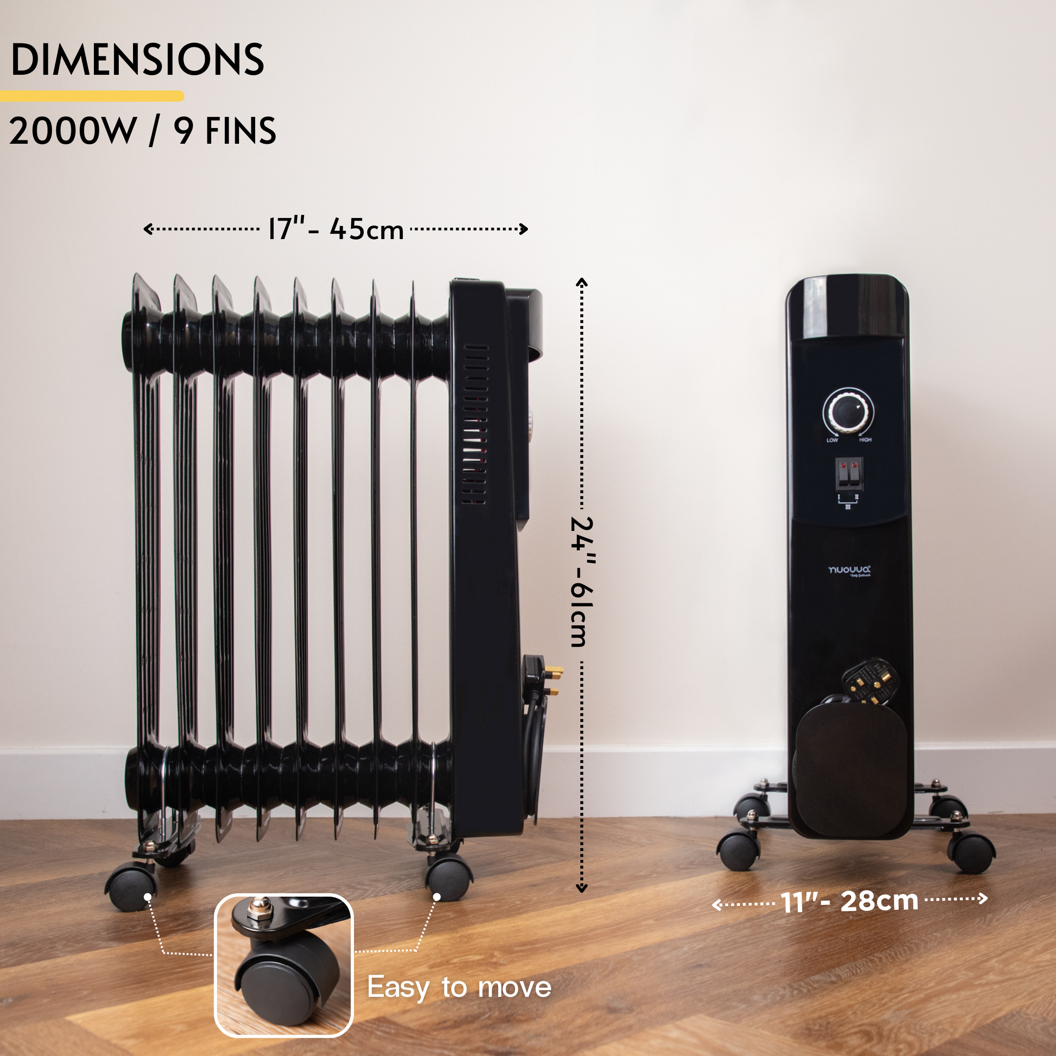 Portable radiator heater with wheels for easy to move portable heating.