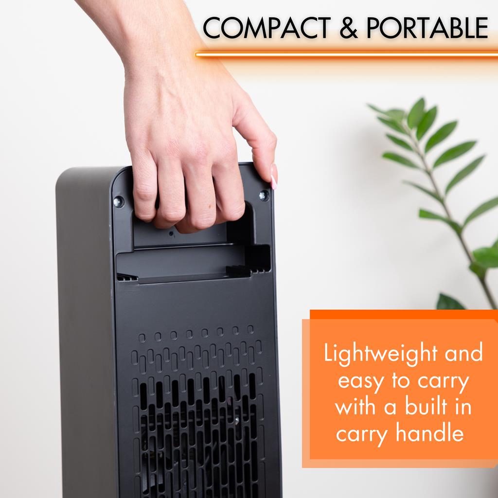 Portable heater with built-in carry handle for efficient home heating.