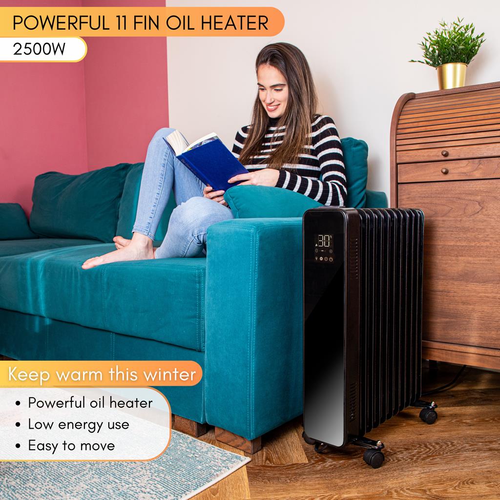 Powerful 11-fin oil heater for low energy use and portable home heating.