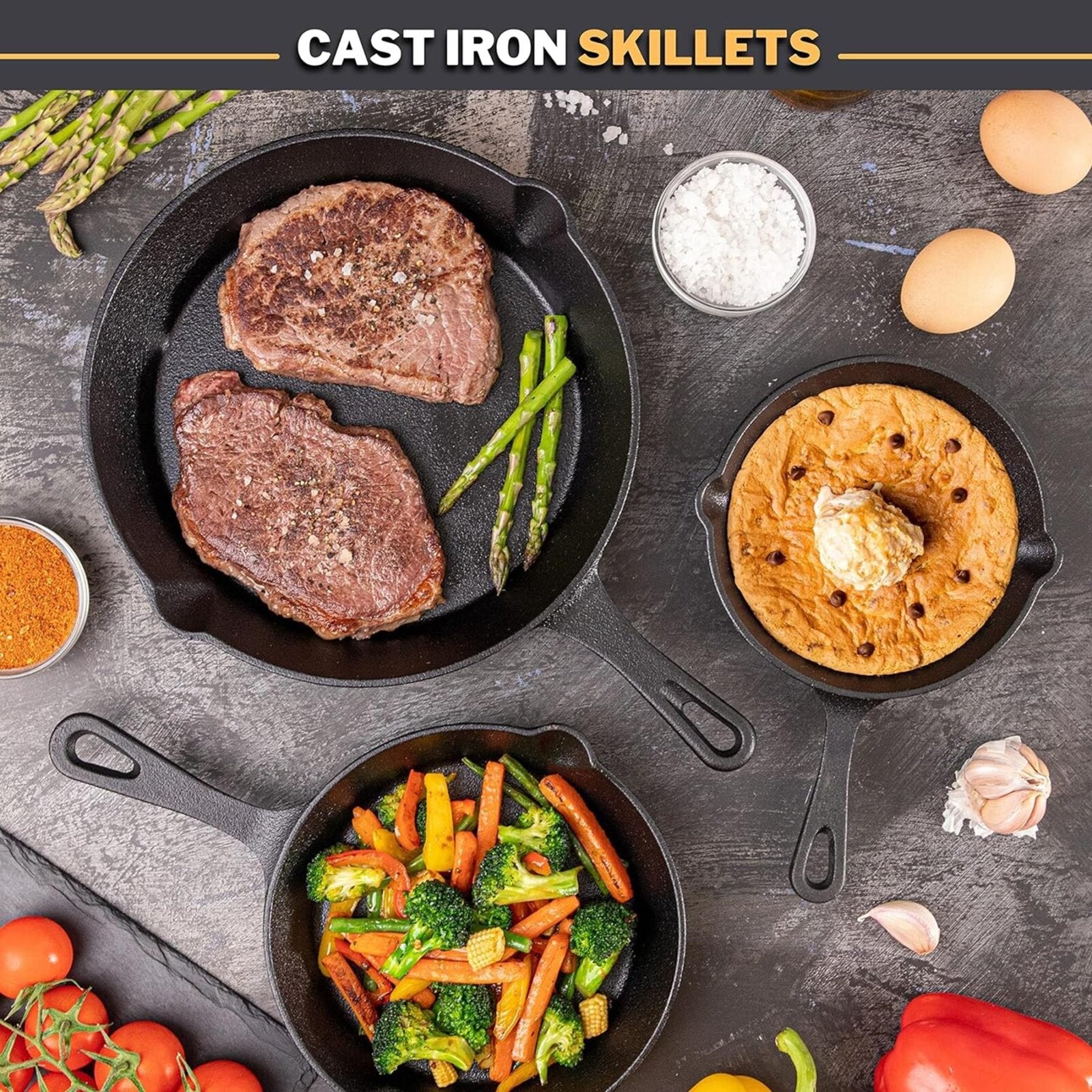 Cast iron skillet set frying pans for cooking, sautéing and baking.