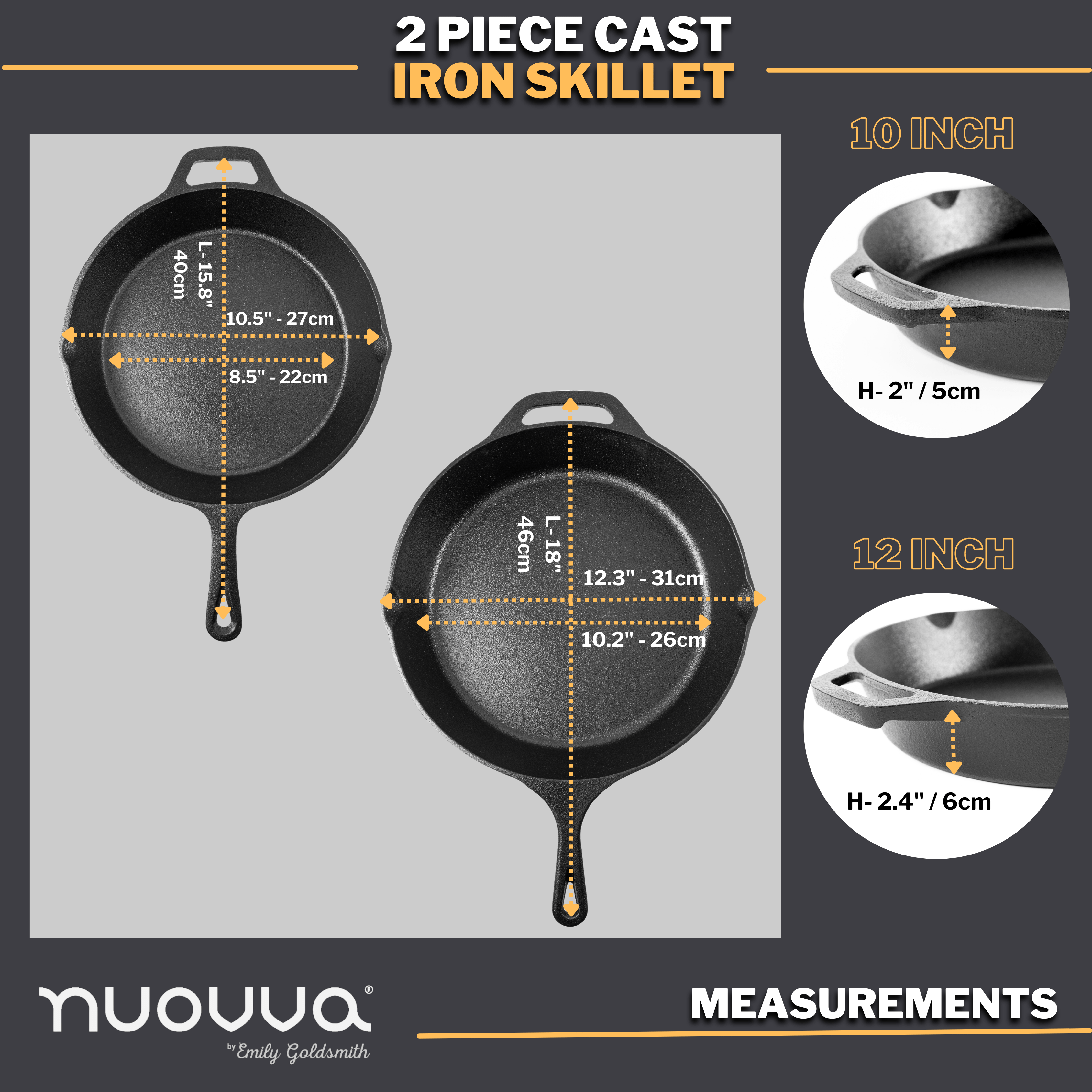 Nuovva 2pcs cast iron skillet set in 10 and 12 inches
