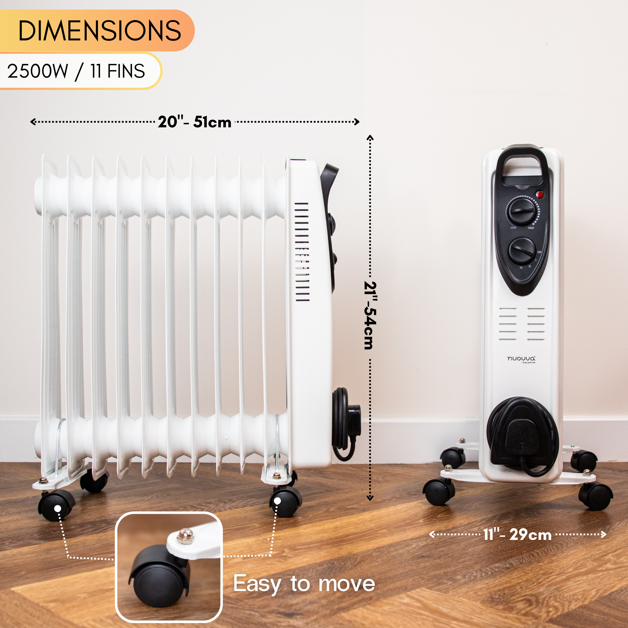 11fins portable radiator with wheels for easy to move heating and clear dimensions.