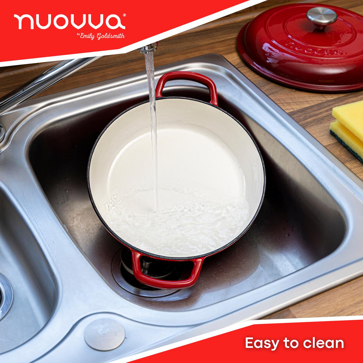 Nuovva red shallow cast iron easy to clean casserole pot with lid.