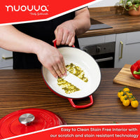 Nuovva red cast iron casserole pot with stain free interior for easy cleaning and maintaining.