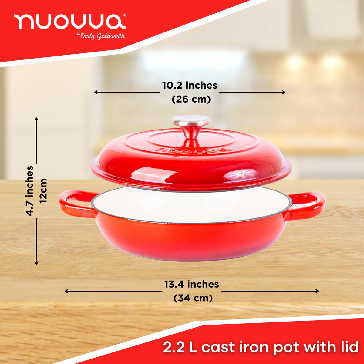 Nuovva 2.2L cast iron casserole dish with lid, 26cm wide for easy cooking and stewing.