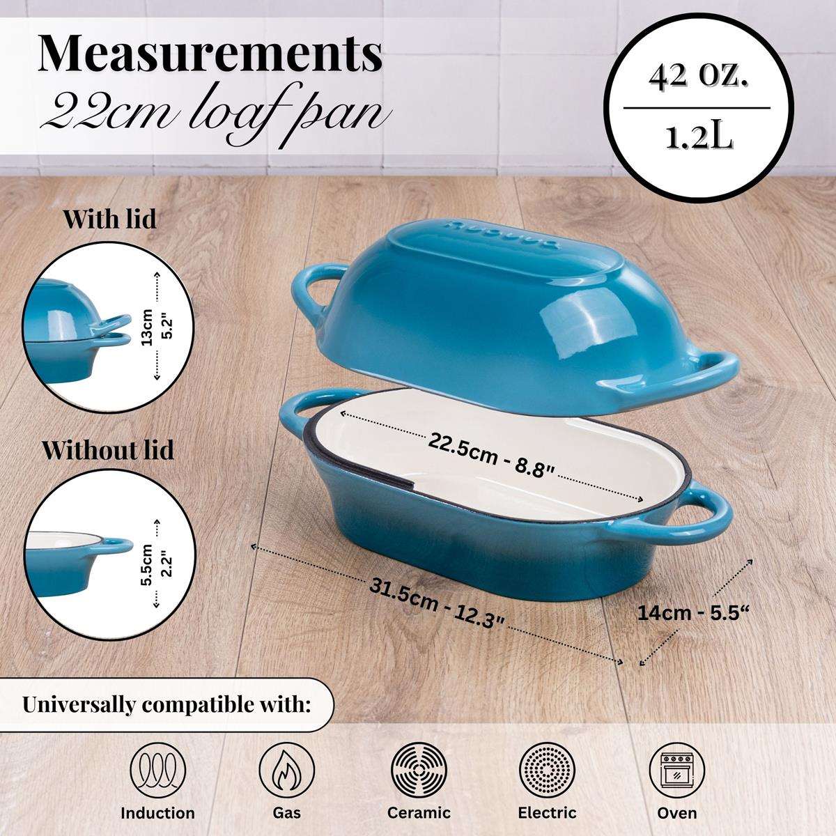 Enamelled Cast Iron Bread Loaf Pot 24x16cm, Light Blue, Dutch Oven Non-Stick