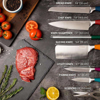 Coloured stainless steel kitchen knife set including bread knife, chef knife, knife sharpener, knife cleaner, utility knife, paring knife and cooking scissors