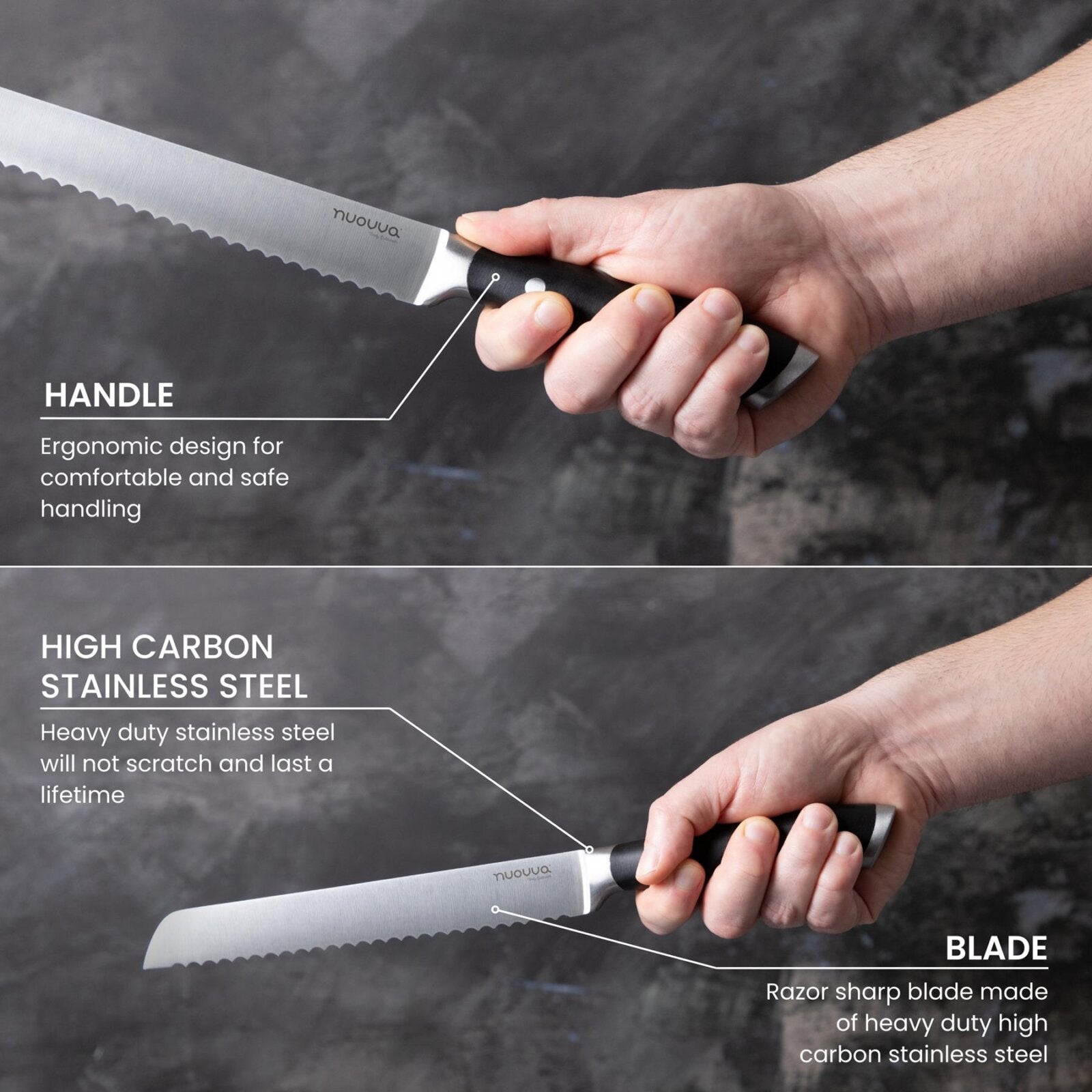 Nuovva high carbon stainless steel bread knife with razor sharp serrated blade and ergonomic handle.