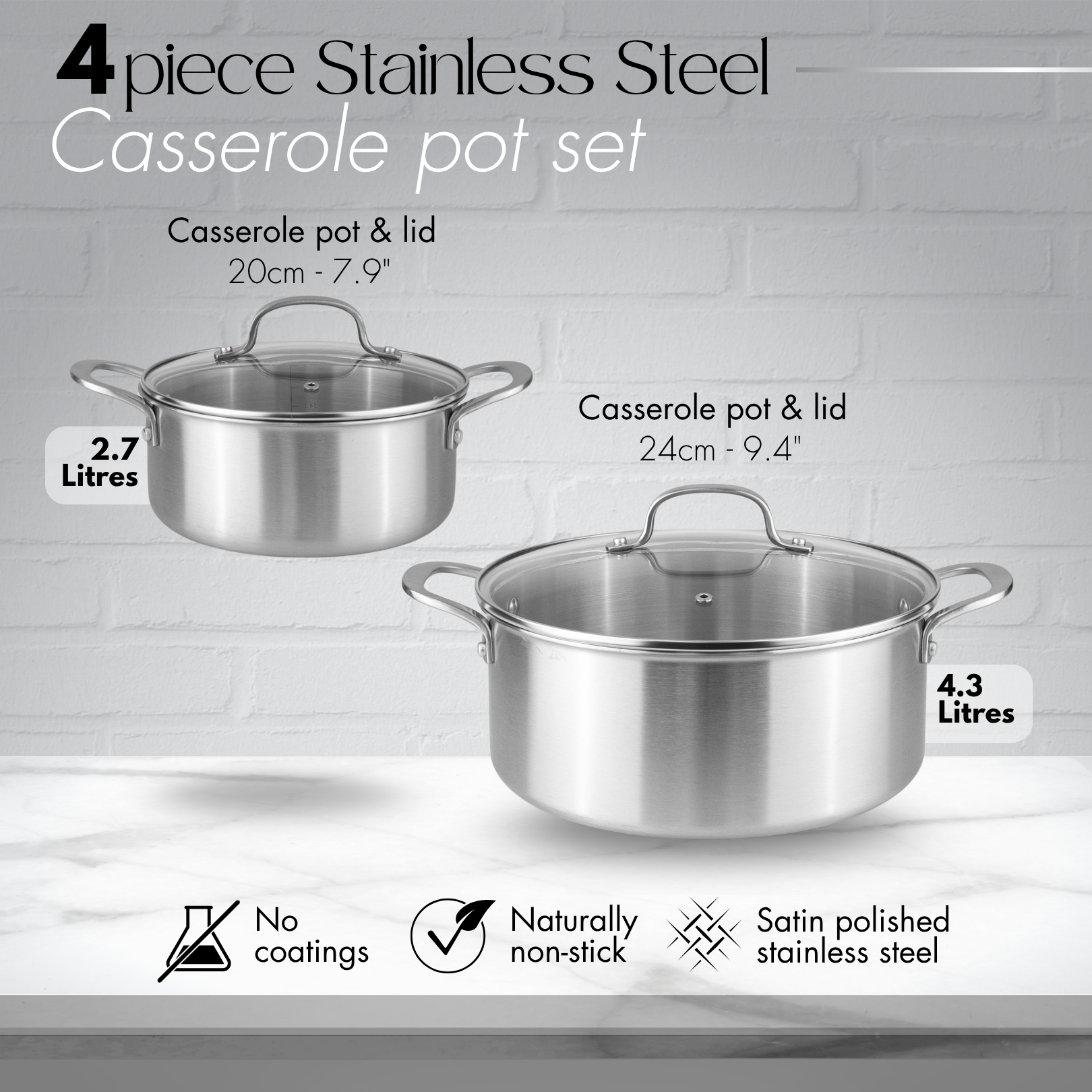 4pcs non-stick stainless steel casserole pot set with glass lids.