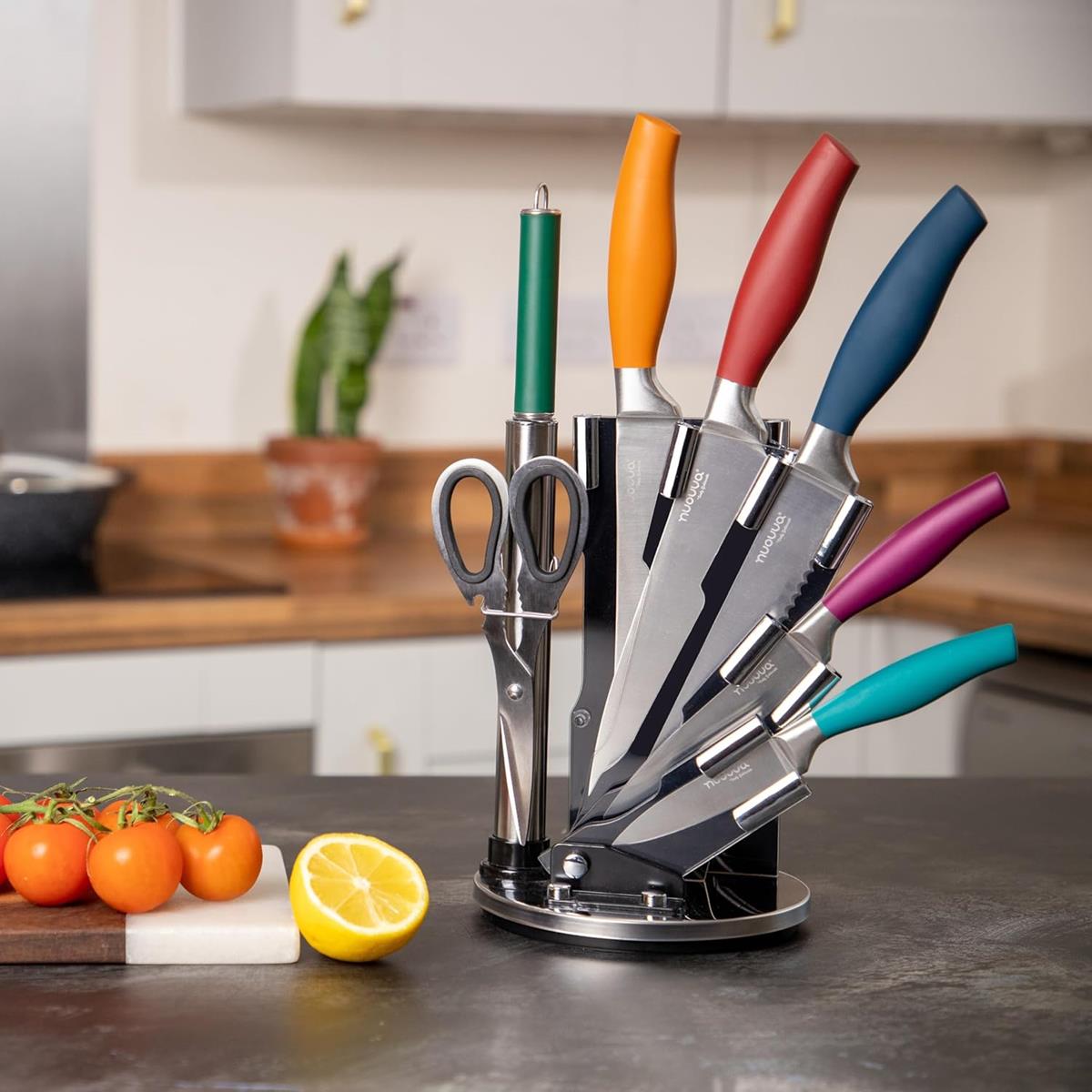 Stainless steel multicolor kitchen knife set with rotating block including knife sharpener and cooking scissors