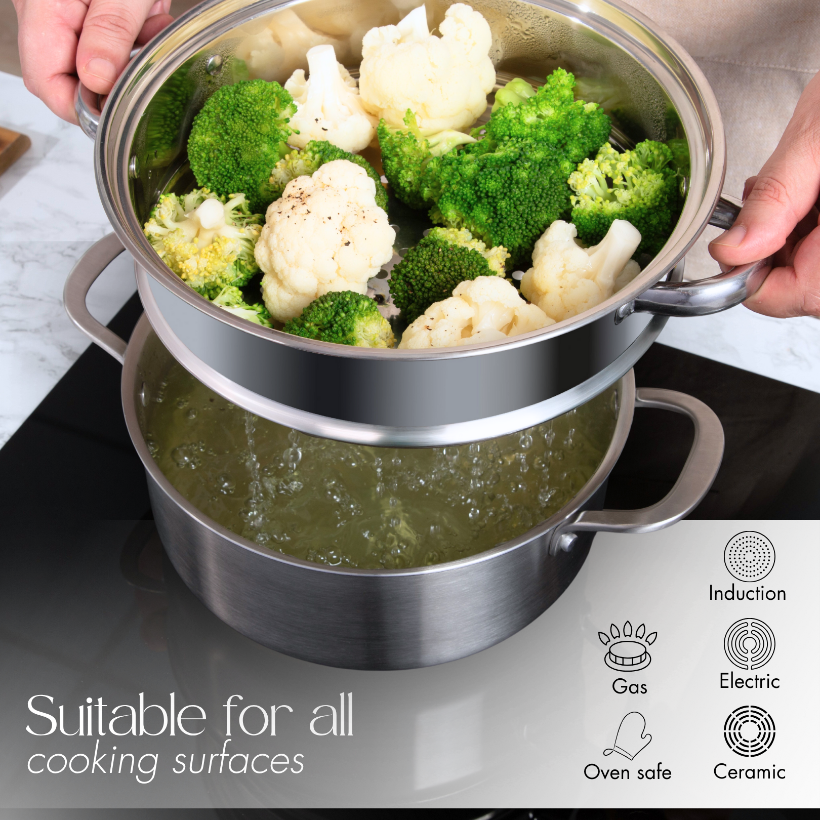 Oven-safe stainless steel Dutch oven with steamer suitable for induction and all cooking surfaces