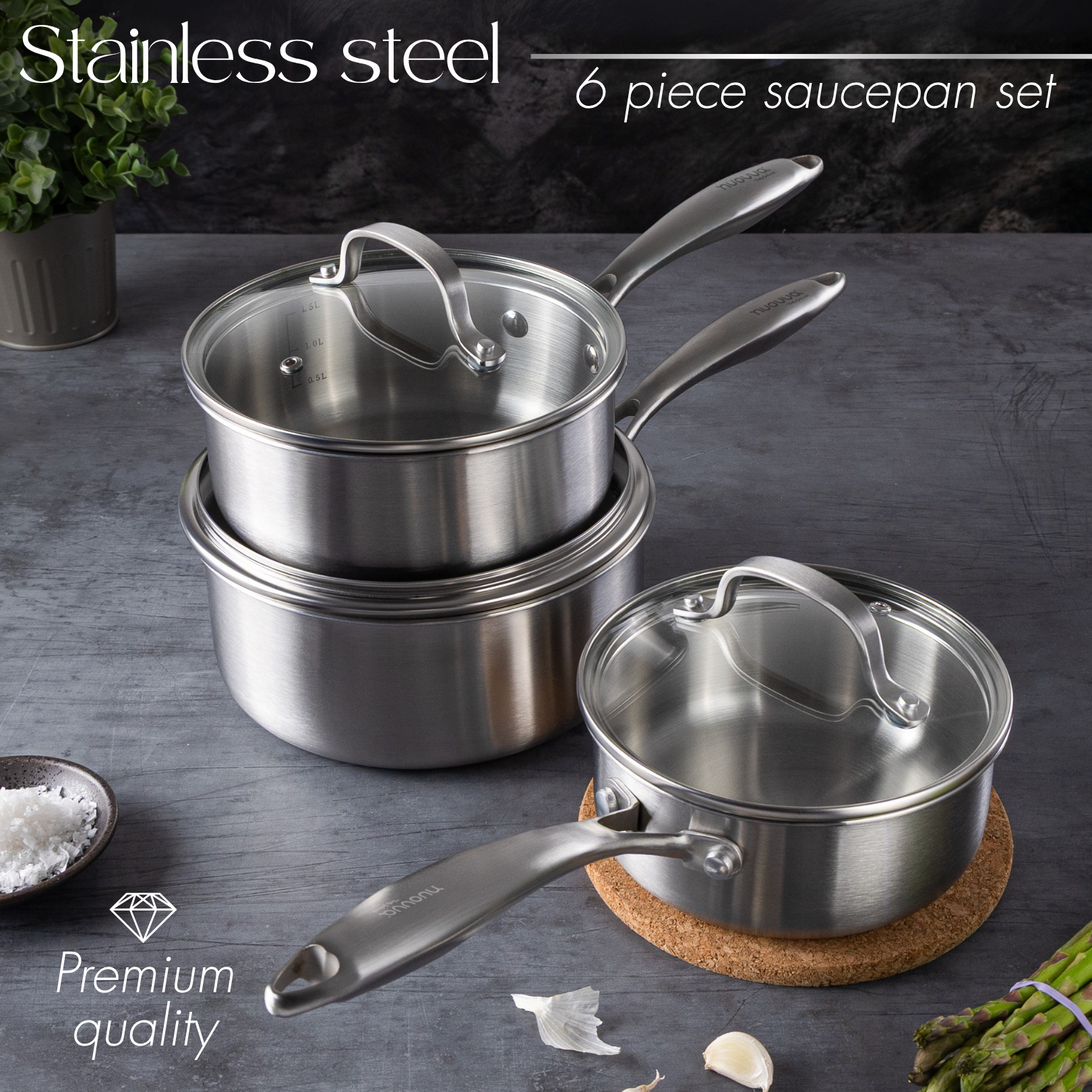 6pcs premium quality stainless steel saucepan set with glass lids.
